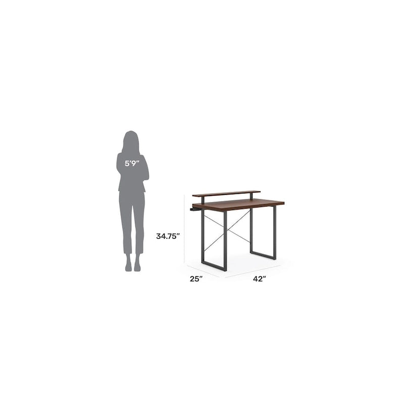 Bureau en bois marron avec support d'écran intégré