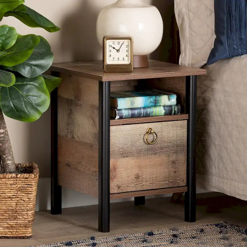 Table de chevet en bois de style rustique moderne, finition chêne brun et noir
