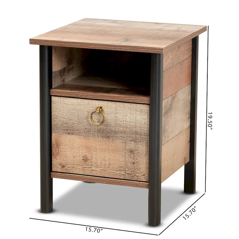 Table de chevet en bois de style rustique moderne, finition chêne brun et noir