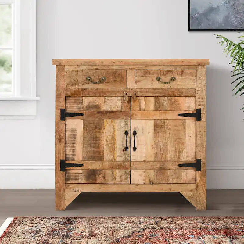 Console de meuble en bois de manguier artisanal de style rustique, 39 pouces, à 2 tiroirs et 2 portes, brun rustique