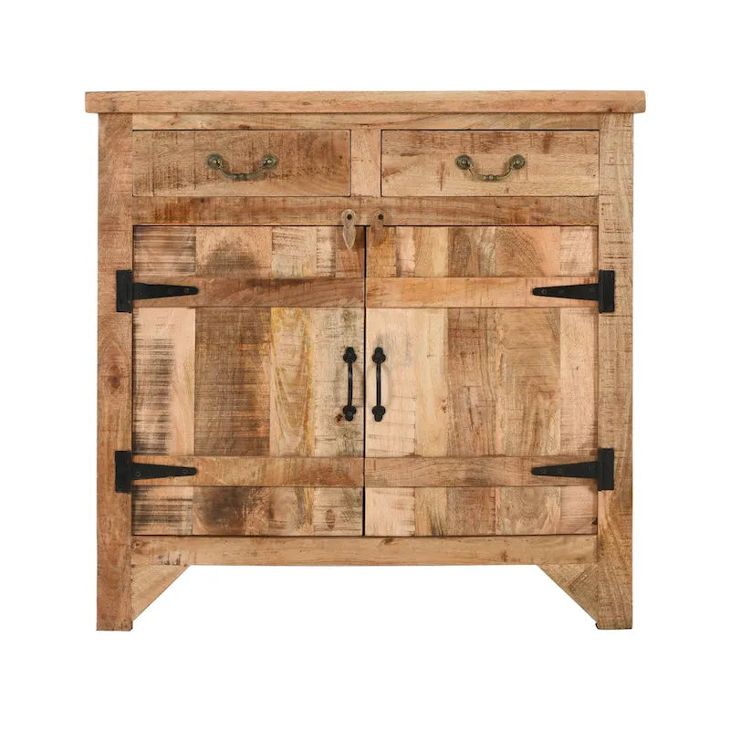 Console de meuble en bois de manguier artisanal de style rustique, 39 pouces, à 2 tiroirs et 2 portes, brun rustique