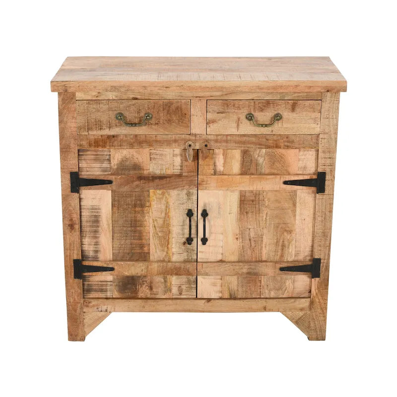Console de meuble en bois de manguier artisanal de style rustique, 39 pouces, à 2 tiroirs et 2 portes, brun rustique