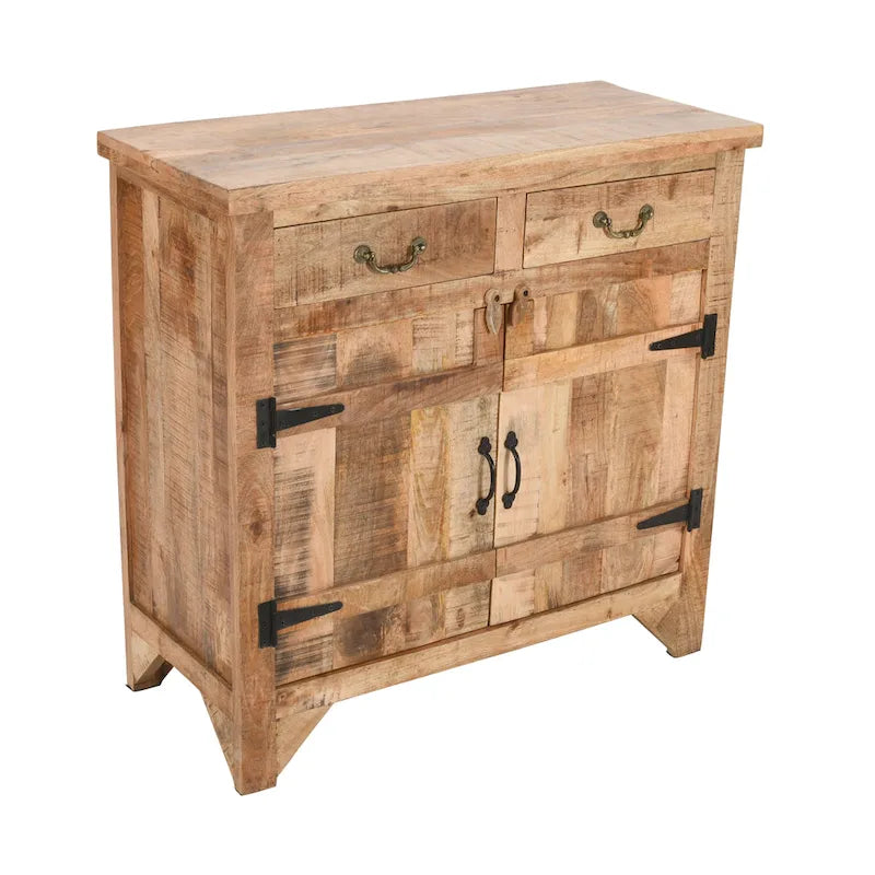Console de meuble en bois de manguier artisanal de style rustique, 39 pouces, à 2 tiroirs et 2 portes, brun rustique