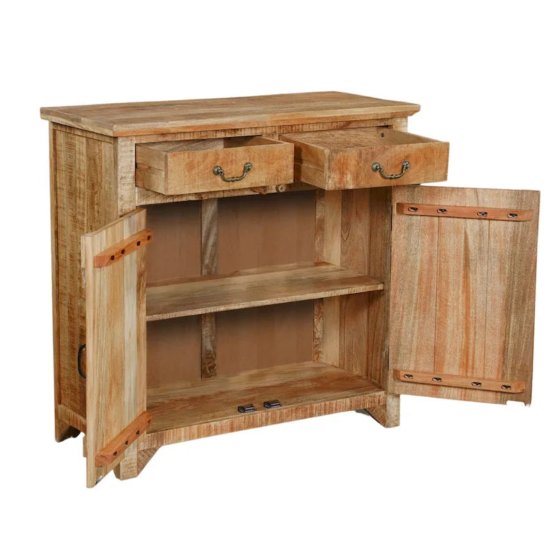 Console de meuble en bois de manguier artisanal de style rustique, 39 pouces, à 2 tiroirs et 2 portes, brun rustique