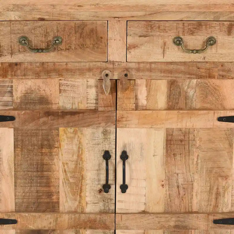 Console de meuble en bois de manguier artisanal de style rustique, 39 pouces, à 2 tiroirs et 2 portes, brun rustique