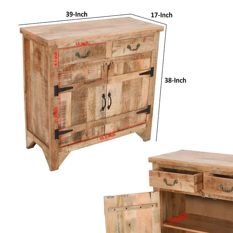 Console de meuble en bois de manguier artisanal de style rustique, 39 pouces, à 2 tiroirs et 2 portes, brun rustique