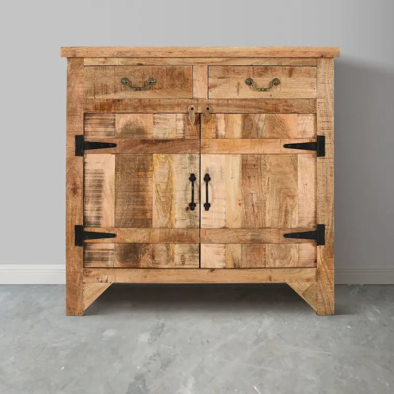 Console de meuble en bois de manguier artisanal de style rustique, 39 pouces, à 2 tiroirs et 2 portes, brun rustique