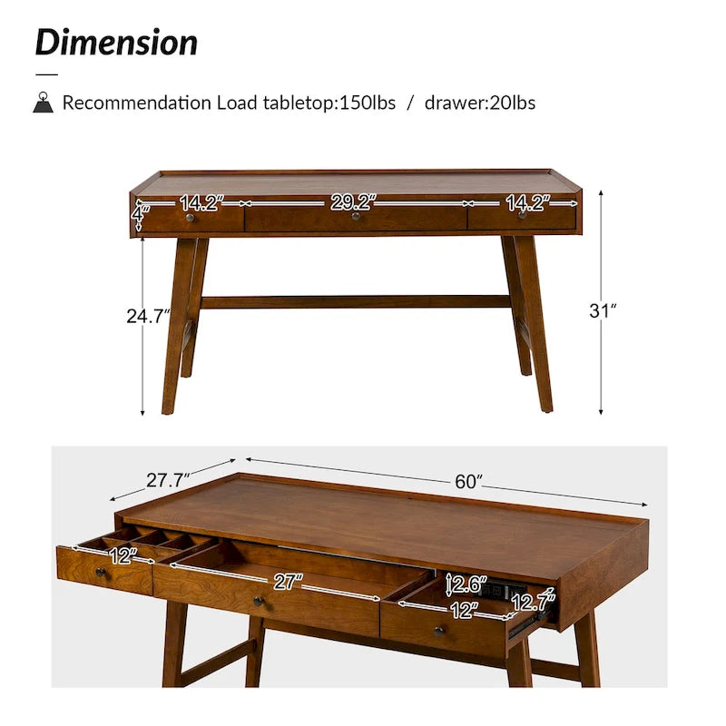Bureau de travail de style Mid-century avec tiroir de séparation, gestion des câbles et station de charge