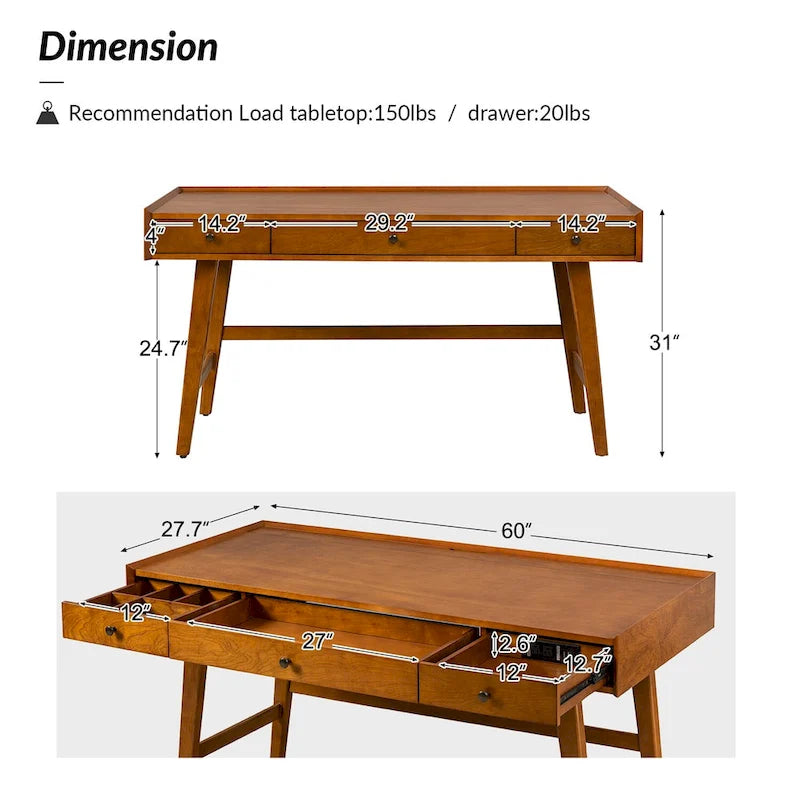 Bureau de travail de style Mid-century avec tiroir de séparation, gestion des câbles et station de charge