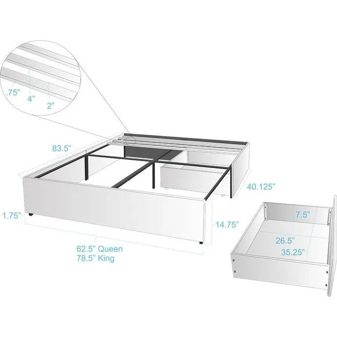 Lit de rangement capitonné avec plateforme et 2 tiroirs