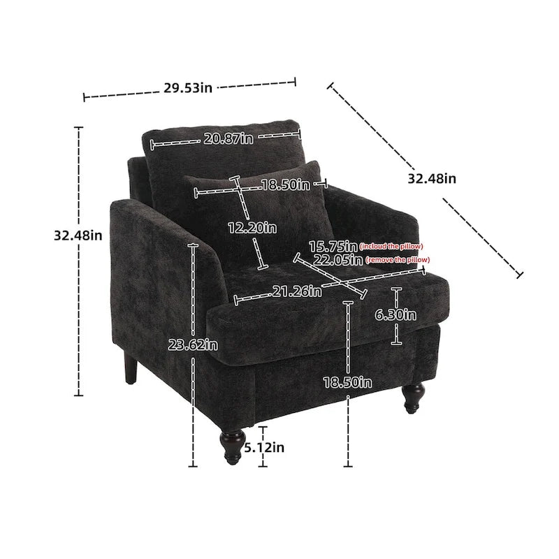 Fauteuil simple en chenille, fauteuil d'appoint rembourré avec coussin moelleux, fauteuil de lecture moderne du milieu du siècle