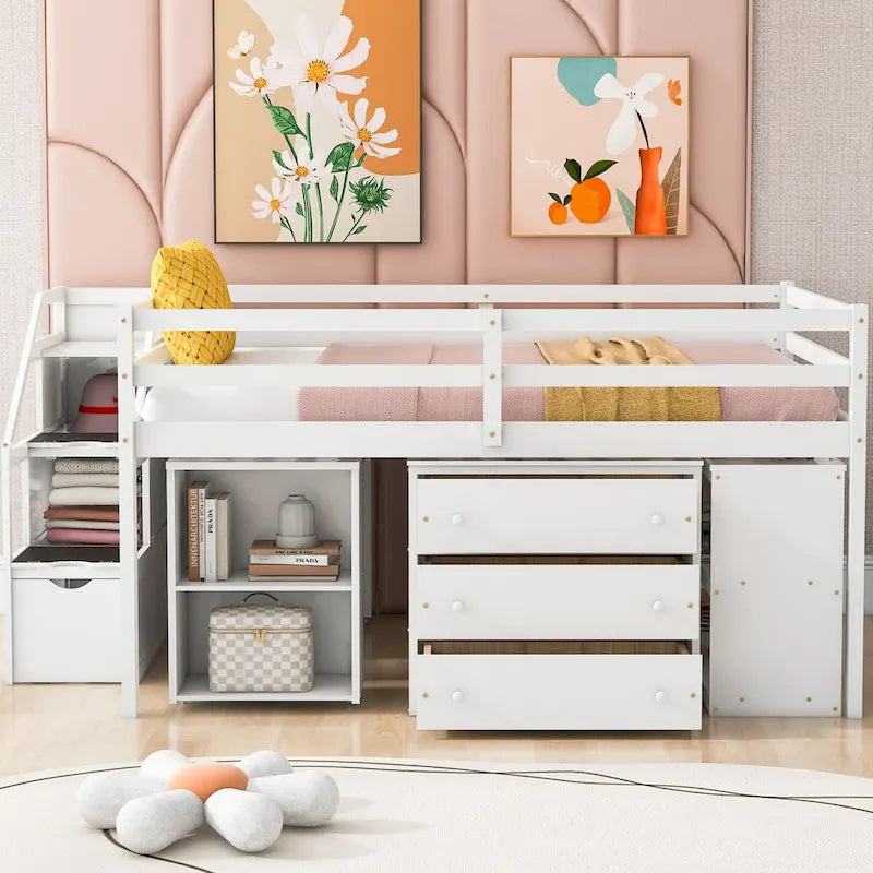 Lit mezzanine pleine taille avec bureau coulissant et 3 tiroirs