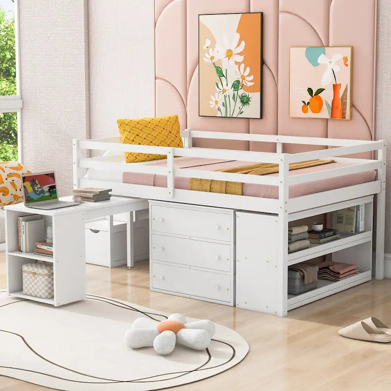 Lit mezzanine pleine taille avec bureau coulissant et 3 tiroirs