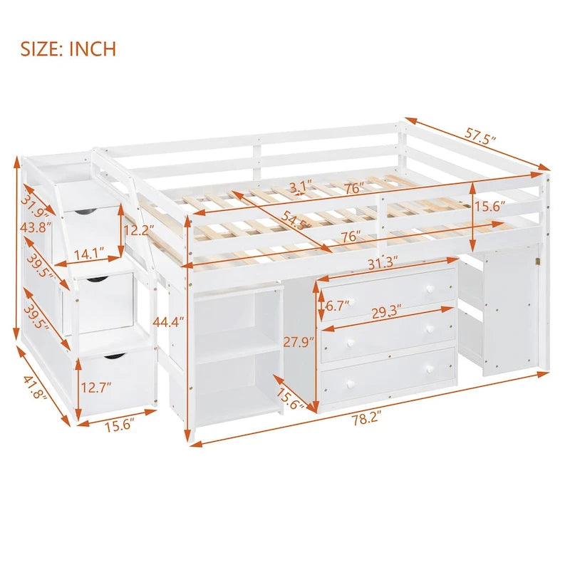 Lit mezzanine pleine taille avec bureau coulissant et 3 tiroirs