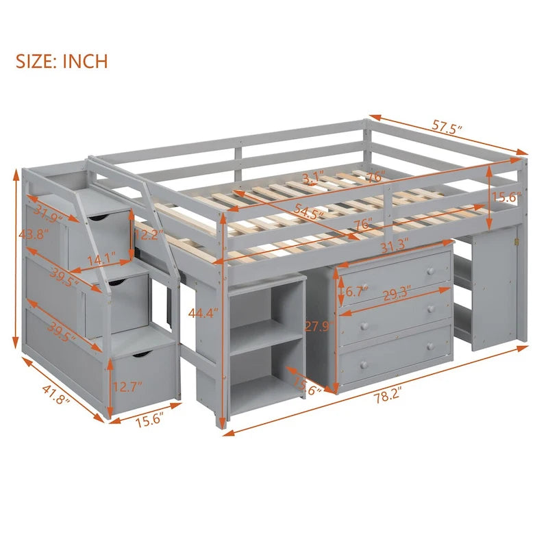 Lit mezzanine pleine taille avec bureau coulissant et 3 tiroirs